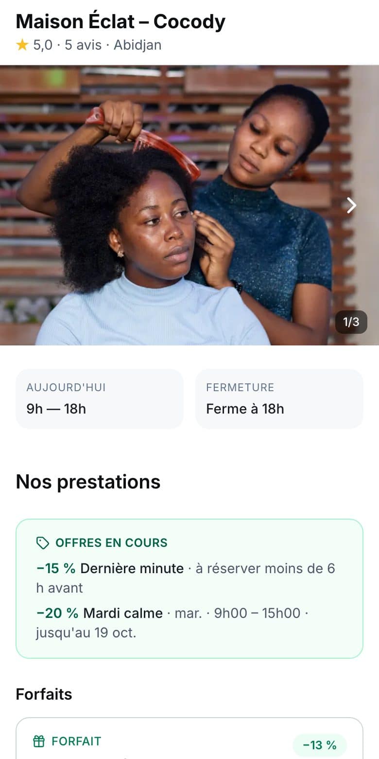 Page de réservation d'un salon sur Nayo